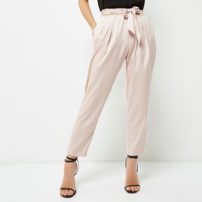 Petite nude tie waist tapered trousers